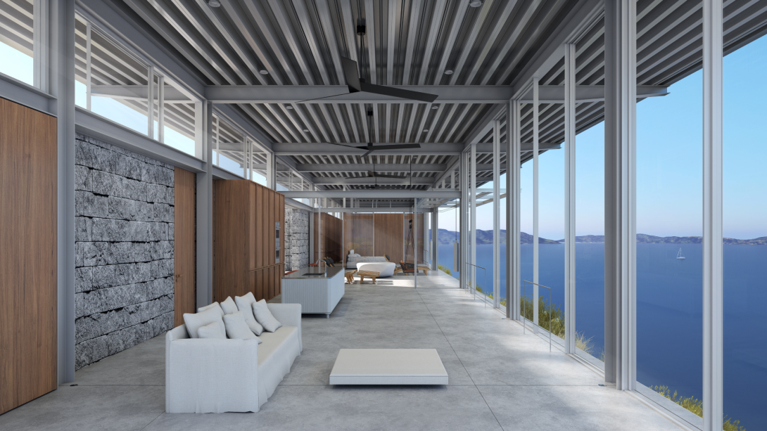 View of the living room towards the covered breezeway. Cecropia House, Cecropia, Greece