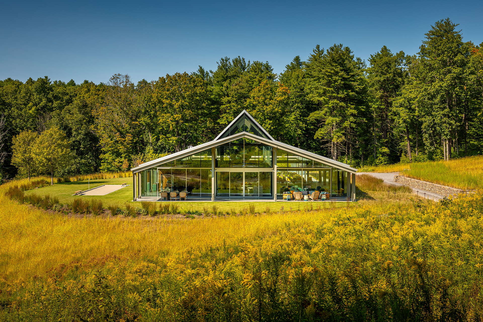 View from the meadow. Residential Recreation Pavilion, NY